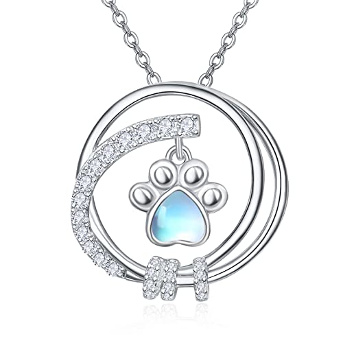 TANGPOET Mondstein Kette Hund 925 Tier Pfotenabdruck Fußabdruck Halskette Pfote Print Katze Haustier Herz Anhänger Schmuck für Frauen Mädchen Damen Mutter Cover
