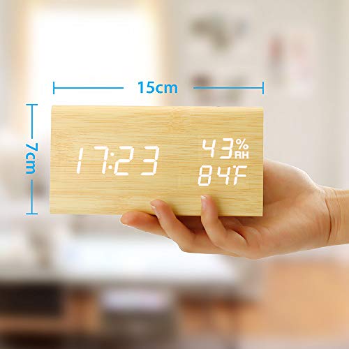Oct17 Wooden Alarm Clock, Wood LED Digital Desk Clock, Upgraded with Time Temperature, Adjustable Brightness and Voice Control, Humidity Displaying - Bamboo