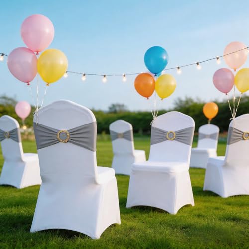 Image of 50 Pack Silver Chair Sashes with Gold Buckle Slider, Spandex Grey Chair Bands Bows for Folding Chairs Wedding Party Banquet Decor