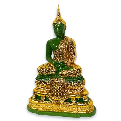 Parintha Bouddha d'émeraude Wat Phra Kaew Thai certifié - Statue de 14 cm - en Résine Verte et Dorée à la Main - Rare Authentique avec Sceau - Fabriquée en...