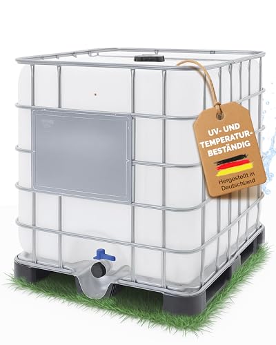 IBC Container 1000 Liter Neu – Wassertank XXL Regentonne lebensmittelecht – UV-beständig mit Kunststoffpalette – Regenwassertank für Garten & Industrie – Weißer Behälter verzinktes Gitter