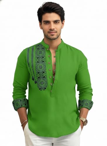 Image of Amazon Brand - INKAST Men's Cotton Blend Mandarin Collar Self One Design Full Sleeve Casual Short Kurta