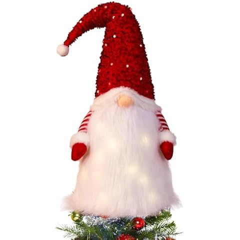 Lighted Gnome Christmas Tree Topper Christmas Decorations Unique Elf Tree Toppers Table Shelf Party Home Office Decor Xmas Gnome with Red Sequin Hat,Sitting On The Tree Gnome Cover