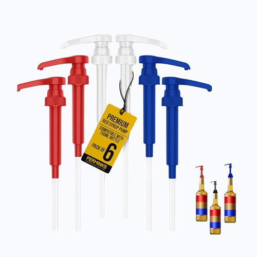 Image of Premium Syrup Pump Compatible with Torani 750 ml Bottle, Davinci Syrups - No Spill, No Clog Syrup Pump Dispenser for Vanilla, Snow Cone, Coffee Flavoring & More (Pack of 6, Red, White & Blue)