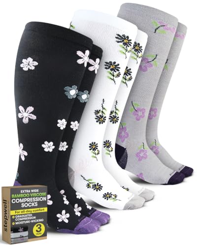 STEPWELL Wide Calf Compression Socks Women Floral Gray White Black 3 Pairs - 8-15 mmHg Knee High for Nurses Travel & All-Day Leg Comfort