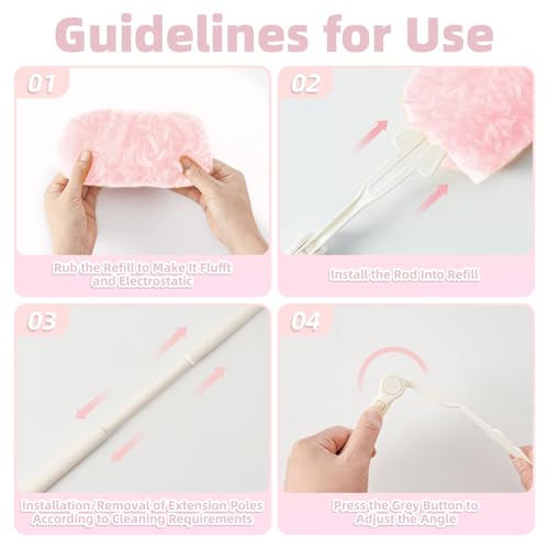 Image of Heavy Duty Dusters Refills, Disposable Dusters Kit Compatible with Swiffer Handles, Multisurface Dusters+1 Extended Handle +1 Handle (Pink, 360)