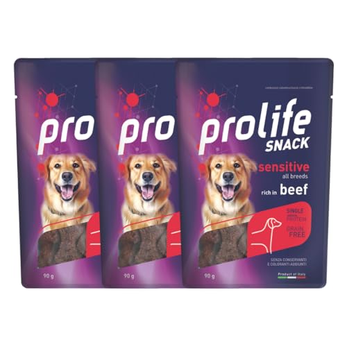 3 Prolife Snack Sensitive Grain Free Manzo - Alimento complementare ricco in Manzo per cani adulti di tutte le taglie - Snack Monoproteico e senza Grano - 90 gr