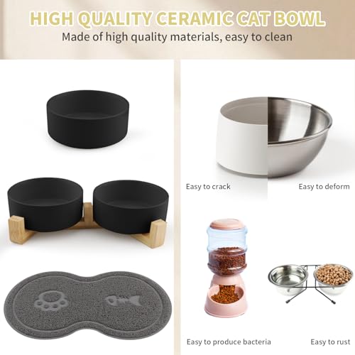 Zosenyer Katzennapf, 2 Stück Keramik Futternapf Katze Set, 3-in-1 rutschfeste Katzennäpfe mit Holzstände und Matten, Fressnapf und Wassernapf für Katzen und Kleine Hunde