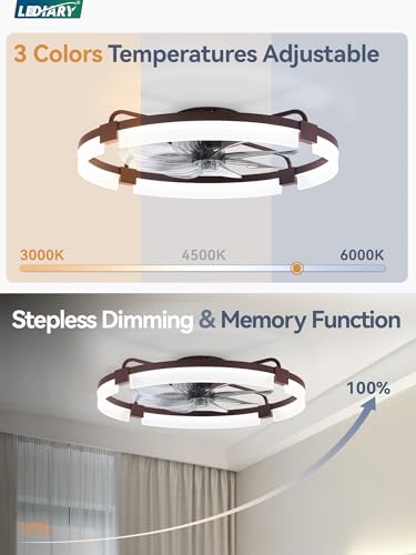Image of LEDIARY 24 inch Ceiling Fans with Lights and Remote, Modern Low Profile Ceiling Fan, 3 CCT, Stepless Dimmable, Fandelier Flush Mount Fan Light, 6 Speeds, DC Motor, App & Remote Control for Bedroom(Brown)