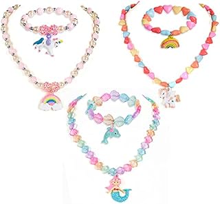 Maelovebunny Girl Necklace, Princess Unicorn Mermaid Necklace Bracelet, Colorful Kids Jewelry Kids Stretchy Bracelets, Toddlers Jewelry, Gift Party Favors Dress up Jewelry Set for Little Girl Toddler