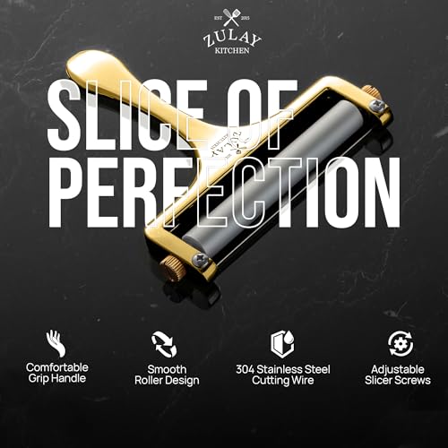 Image of Zulay Kitchen Cheese Slicer With Adjustable Thickness - Heavy Duty Block Slicer with 2 Extra Wires - Ideal for Mozzarella, Cheddar, Gouda - Gold