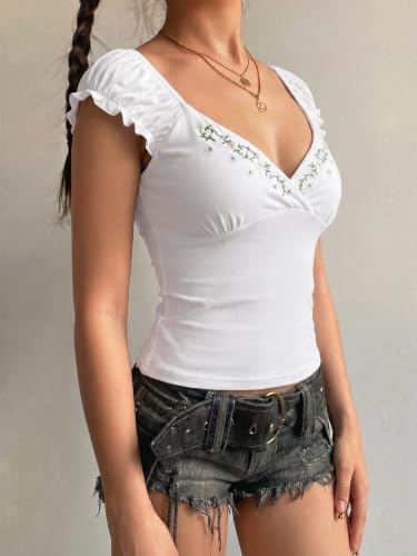 Image of EMMIOL Y2k Fairy Grunge Short Sleeve Shirts For Women - Vintage Floral Print Graphic V Neck Crop Tops Emo Gothic Clothes