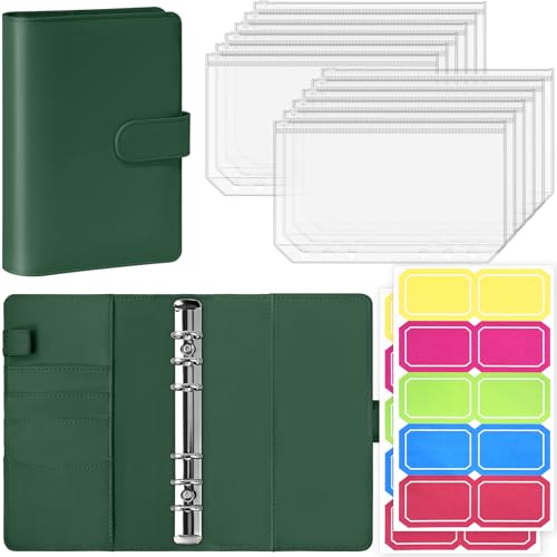 Antner A6 Budget Binder with Zipper Cash Envelopes for Money Organizer & Budgeting, PU Budget Planner Money Saving Binder with Cash Stuffing Envelopes & Labels for Home Office Travel, Dark Green