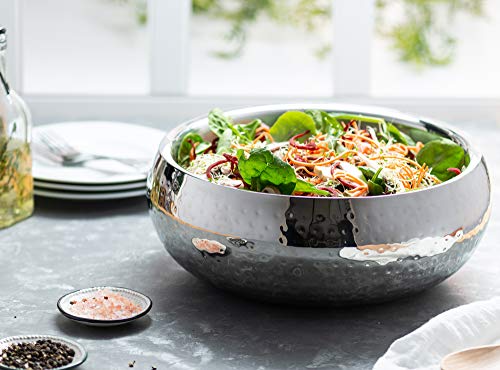 Kook Double-Walled Serving Bowl, Hammered Insulated Stainless Steel, For Hot And Cold Foods, Salads, Soups, Fruit, Large 1.05 Gal Capacity, Silver, 11 Inch #TOP3