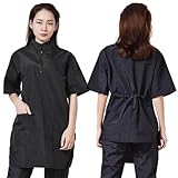 ペット美容師 スモック 作業服 ペットの毛がつきにくい服 ひも調整 ペットグルーミング制服 トリミングウェア 黒い 帯電防止 防水 半袖 男女兼用(M)