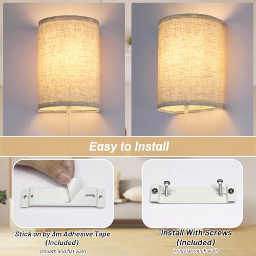 Image of FINCMY Wall Sconce Light Plug in, Dimmable Sconces Wall Decor Set of 2, Stick on Wall Lights for Bedroom Living Room Hallway, Plug in Wall Sconces with Remote, LED Bulbs Included