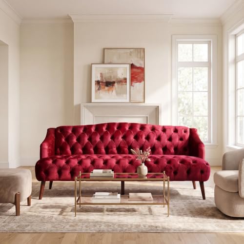 Christopher Knight Home Minxi Velvet Sofa Couch, Home Sofa Living Room with Birch Wood Legs, Comfort Modern 3 Seater Couch with Button Tufted Diamond Stitch, Luxury Chaise Lounge Chair, Wine Red