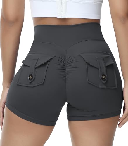 MIHRUSEM Short feminino Scrunch para motociclista com bolsos, cintura alta, academia, treino, ioga,
