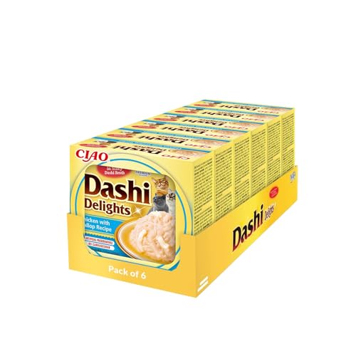 INABA Dashi Delights - Morceaux dans Un Bouillon de Flocons de bonite au Poulet & pétoncles - 6 x 70g - Délicieuse et Saine - Topping - Riche en protéines - Ingrédients naturels - Pâtée pour Chat
