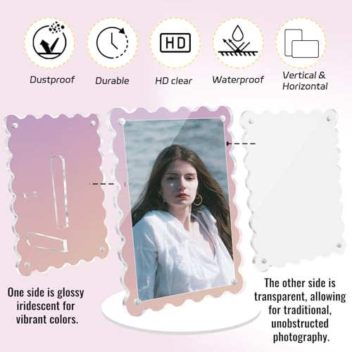 AetJxixee Acrylic Picture Frames 3 Pack 4x6 inch Scalloped Iridescent with Detachable Stand, Vertical and Horizontal Tabletop Display, Magnetic Photo Frames for Café/Home/Weeding/Party by AetJxixee - Image 3