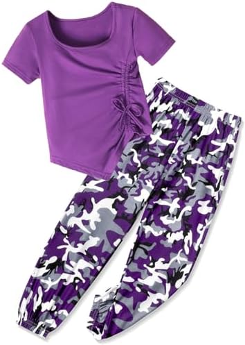 Clothes for Girls Irregular Ruched Drawstring Short Sleeve Top and Girls Camouflage Pants 2Pcs Summer Girls Clothes