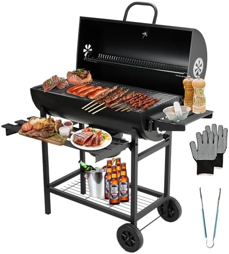 TEENO Carrello per barbecue in legno,Grill XXL a carbone con cope...
