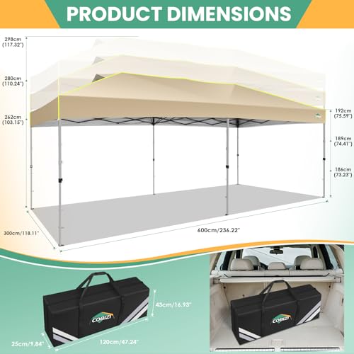 Image of COBIZI 10x20 Pop Up Canopy Tent, Outdoor Party Tent Without Sidewall One Push Setup Glow, 3 Adjustable Height Air Vent Waterproof UPF50+, Bag, 4 Sandbag, 6 Stake, 12 Rope for Beach, Commercial