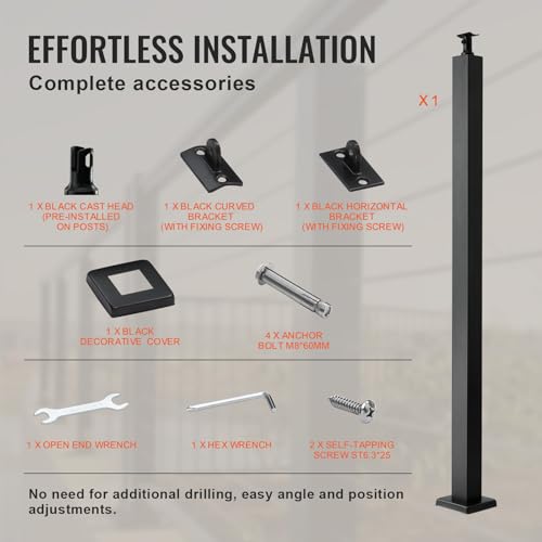 VEVOR Cable Rail Post, 42 x 1.97 x 1.97", Level Deck Stair Post, Cable Handrail Post Stainless Steel Brushed Finishing Deck Railing DIY Picket Without Hole Stair Railing Kit With Mount Bracket Black by VEVOR - Image 6