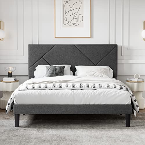 Sha Cerlin Full Size Upholstered Bed Frame With Geometric Headboard, Heavy-Duty Platform Bed Frame With Wood Slats Support, Mattress Foundation, No Box Spring Needed, Easy Assembly, Dark Grey #TOP6