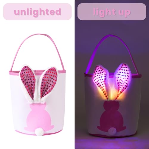 Image of Easter Bunny Baskets Empty with Lights, Large Easter Egg Hunt Baskets for Kids, Canvas Easter Basket Candy Tote Bags with Handles, Easter Decorations Party Supplies (Blue+Pink+Purple)