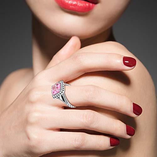 Uloveido Platinum Plated Sparky Cushion Cut 3 Carats Pink Cubic Zirconia Stone Solitaire Square Wedding Ring Split Shank Y5863