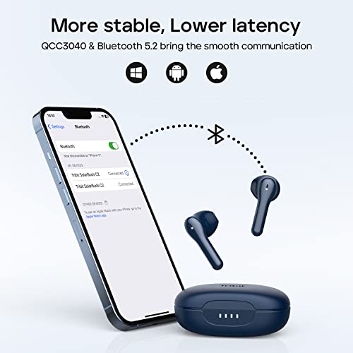 Tribit Earbuds, Bluetooth 5.2 Earbuds Qualcomm Qcc3040, 4Mics Cvc 8.0 Call Noise Canceling Crystal-Clear Calls Comfortable Earbuds 32H Playtime Wireless Bluetooth Headphones, Solarbuds C2 Blue #TOP3
