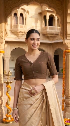 Image of Studio Shringaar Women's Handloom Cotton Jamdani Border Readymade Saree Blouse