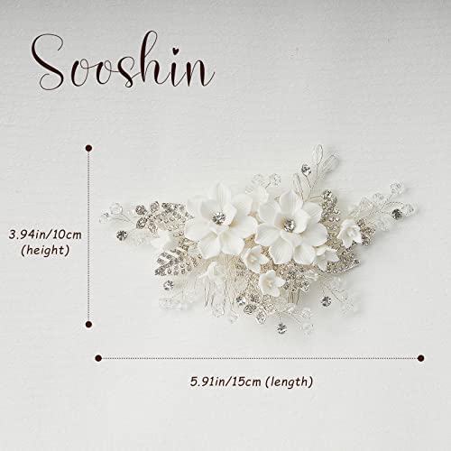 Sooshin Bridal Hair Comb Porcelain Flower Wedding Hair Accessories For Brides Crystal Wedding Headpiece For Bride And Bridesmaids Rhinestone Hair Accessory For Women And Girls (Silver-B) #TOP1