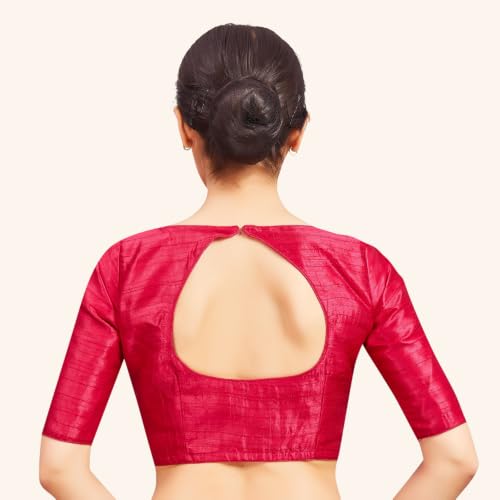 Image of Studio Shringaar Women Readymade Raw Silk V Neck Saree Half Sleeve Blouse