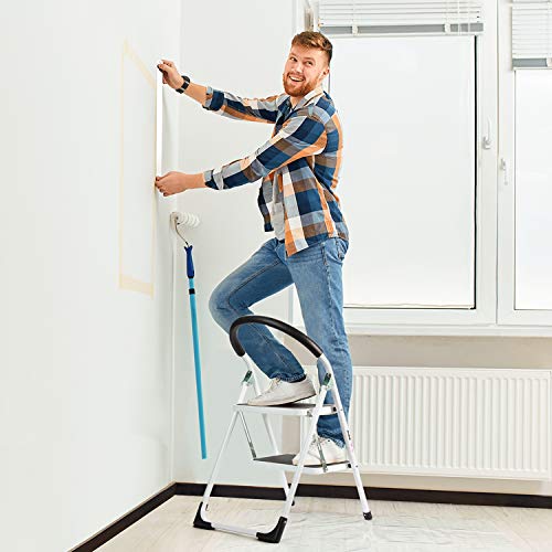 Delxo 2 Step Stool Folding Step Stool Steel Stepladders with Handgrip Anti-Slip Sturdy and Wide Pedal Steel Ladder Hold Up to 330lbs White and Black Combo 2-Feet