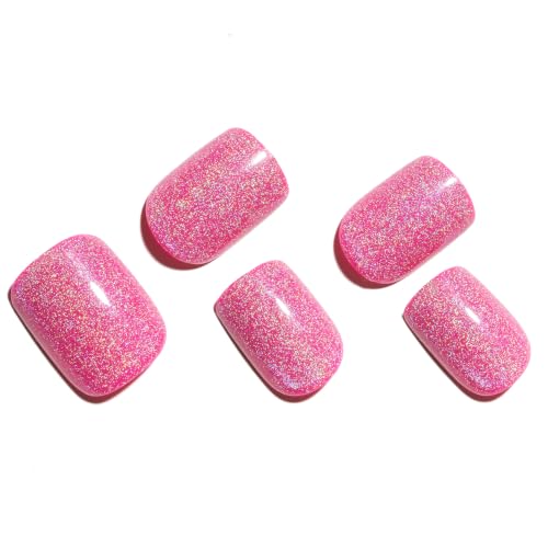 GLAMERMAID Laser Hot Pink Short Press on Nails, Aurora Cat Eyes Handmade Extra Short Squoval Glue on Nails for Women, Summer Square Soft Gel Fake Nails, Round Reusable Acrylic False Nail Kit for Women — view 5