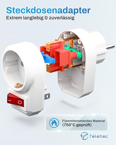 feletec schaltbare Steckdose mit Schalter, Steckdosenschalter 1-polig, Schaltsteckdose mit Kindersicherung, 2 Stück