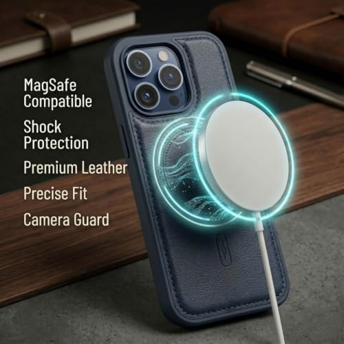 Image of amazon basics Premium PU Leather Case for iPhone 15 Pro, MagSafe Compatible Magnetic Ring, Sleek Protective Back Cover - [Blue]