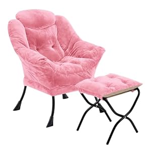 Fabric Lazy Chair with Ottoman, Oversized Upholstered Sofa Chair for Adults, Plush Comfy Lounge Chair with Large Side Storage Pocket, Reading Chair for Living Room, Bedroom, Study Room, Pink