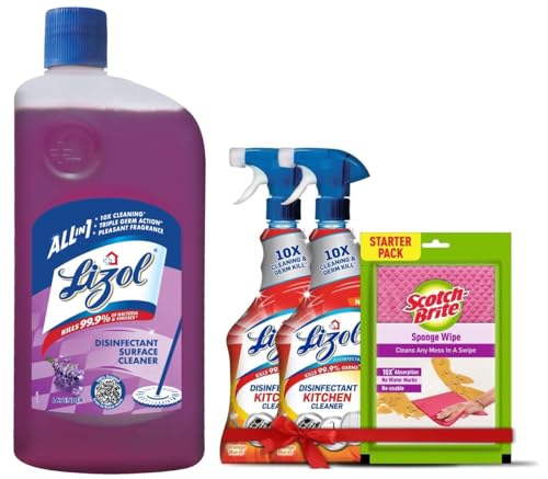 Image of Lizol Kitchen Cleaner Spray - 450ml (Pack of 2) + 1 Free Scotch-Brite Sponge Wipe & Lizol Disinfectant Surface & Floor Cleaner Liquid, Lavender - 1 Litre