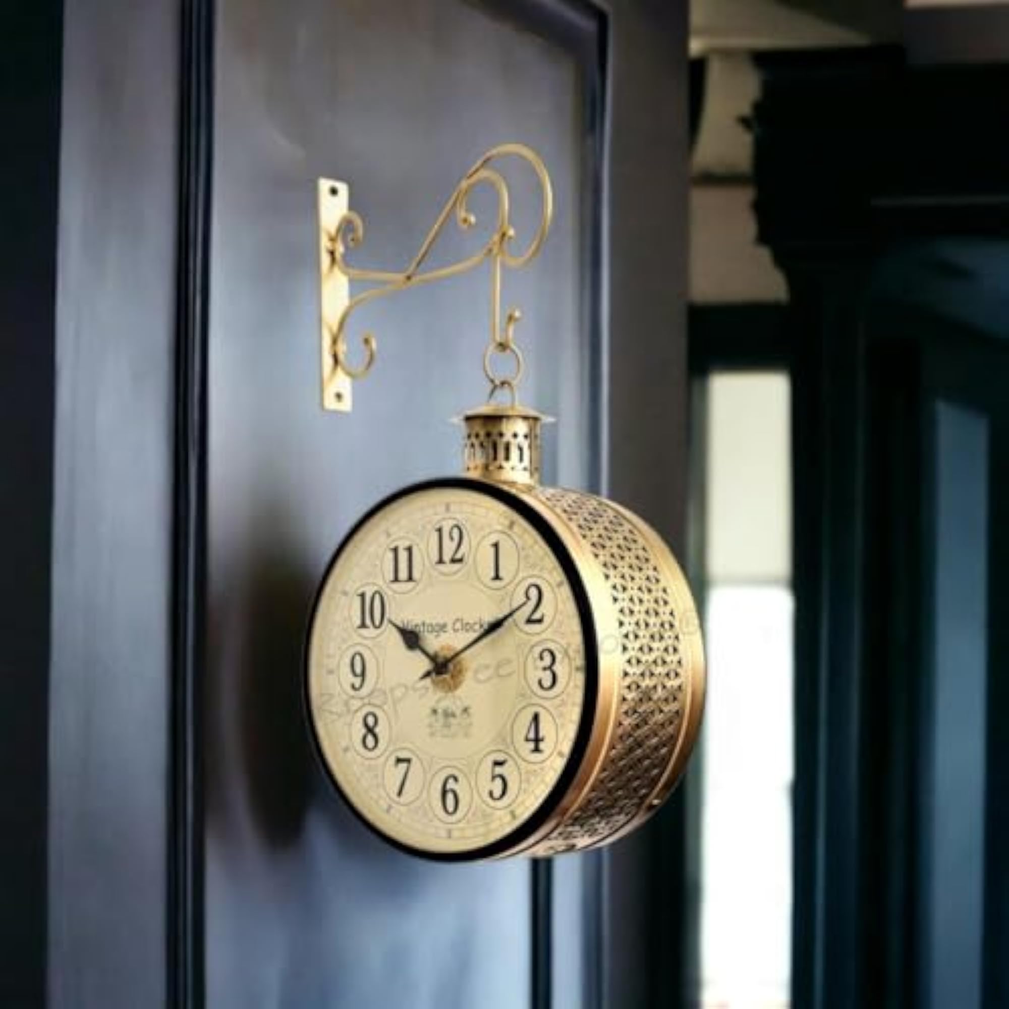 Handcrafted Double Side Analog Wall Clock, Brass Finish