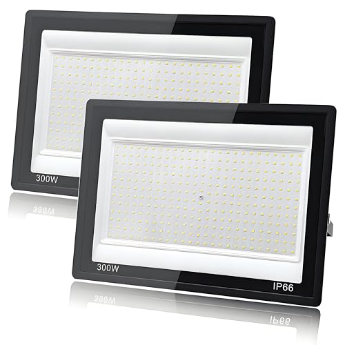 2 Pezzi Faro LED Esterno 300W, Tkdaksy 1M Cavo Bianco Freddo 6500K, IP66 Impermeabile Farettdao LED esterno, 30000LM Faretti LED Esterno, per Giardini, Terrazze, Cortili, Piazza, Parchi, Garage, Fabbr