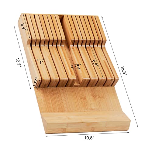 Wencraft Bamboo Kitchen Drawer Knife Holder, In-Drawer Knife Block, Knife Drawer Organizer Fit For 16 Knives And 1 Steel Sharpening #TOP3