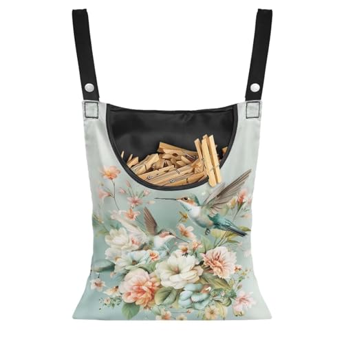 CREAMIC Hummingbird Floral Clothes Pin Bag to Hang On Line Reusable Clothespin Holder Laundry Room Clothespin Holder with Large Opening Space-Saving Clothespin Storage Solution