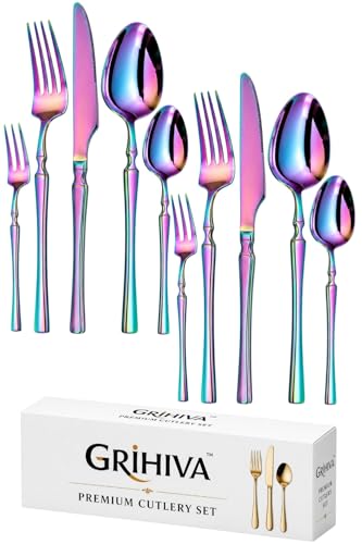 Image of 10 Pcs Rainbow Cutlery Set for Dining Table the Perfect Lightweight Silim Handle Tableware Including Dinner Spoon, Dinner Fork, Dinner Knife, Dessert Spoon & Dessert Fork