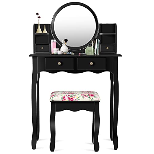 DORTALA Vanity Table Set with Round Mirror, Makeup Desk with Cushioned Stool, 4 Drawers & 2 Shelves, Makeup Organizer, Vintage Dressing Table for Bedroom, Best Gift for Women and Girls, Black
