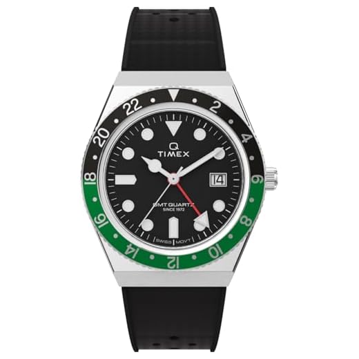 Timex Q GMT herenhorloge 38 mm – zwarte band van synthetisch rubber met zwarte wijzerplaat en roestvrijstalen kast TW2W57500