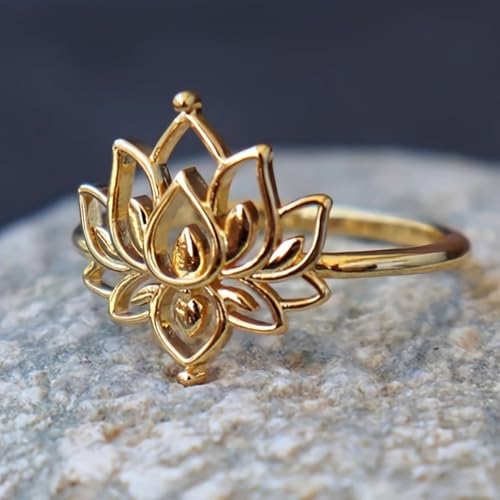 Gold Plated Cubic Zirconia Boho Vintage Lotus Flower Statement Ring Personalized Accessory Ideal for Women's Daily Casual Wear Party Holiday Anniversary Love Jewelry Gift3