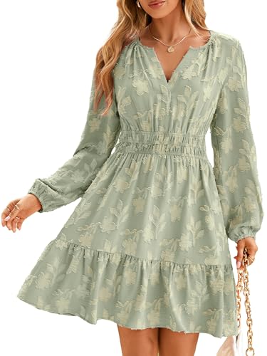 BerryGo Womens Long Sleeve Mini Dress Wedding Guest Aline Flowy Swing Western V Neck Burnout Boho Spring Short Dresses(Sage Green,Large)